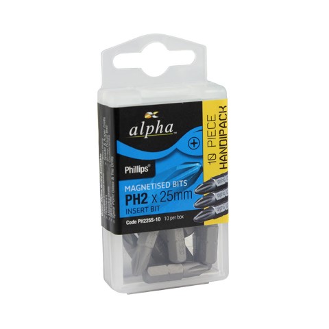 ALPHA PH2 X 25MM PHILLIPS RIBBED INSERT BITS - HANDIPACK OF 10